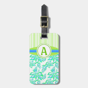 Étiquette À Bagage Monogramme vert Hibiscus Fleurs Plage tropicale