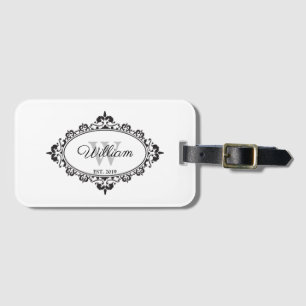 Étiquette À Bagage Monogramme Vintage minimaliste noir et blanc Damas