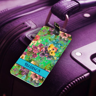 Étiquette À Bagage monogramme vintage vert fleuri motif