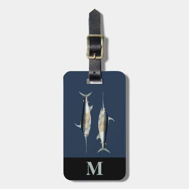 Étiquette À Bagage Monogramme Voyage Blue Grey Espadon Poissons (Devant Vertical)