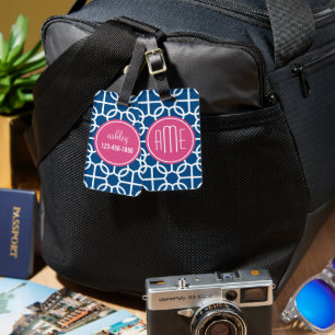 Étiquette À Bagage Monogrammes de Motif géométrique rose et bleu chau