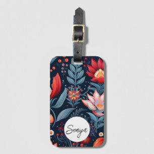 Étiquette À Bagage Moody Floral Blue Red Motif Nom personnalisé
