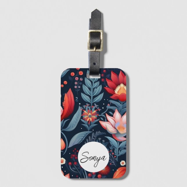 Étiquette À Bagage Moody Floral Blue Red Motif Nom personnalisé (Devant Vertical)