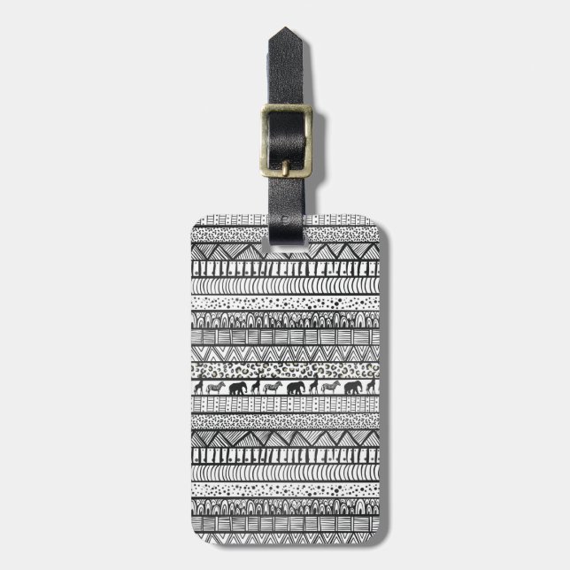 Étiquette À Bagage Motif africain tribal noir blanc (Devant Vertical)