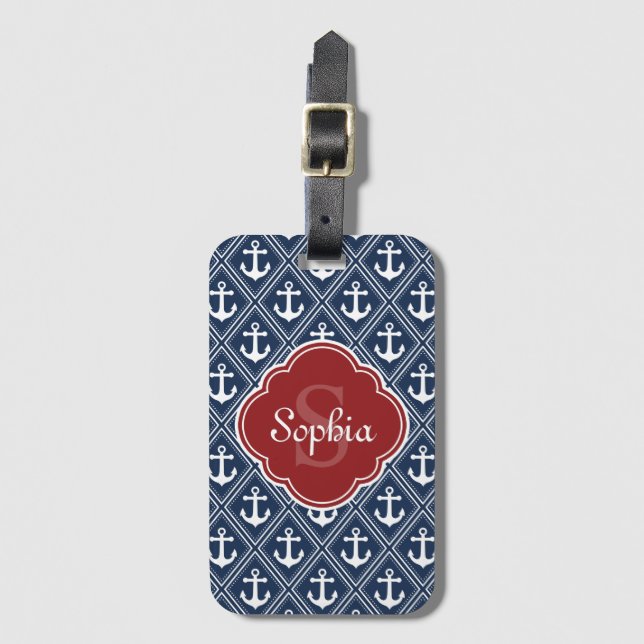 Étiquette À Bagage Motif Ancre bleu Monogramme rouge (Devant Vertical)