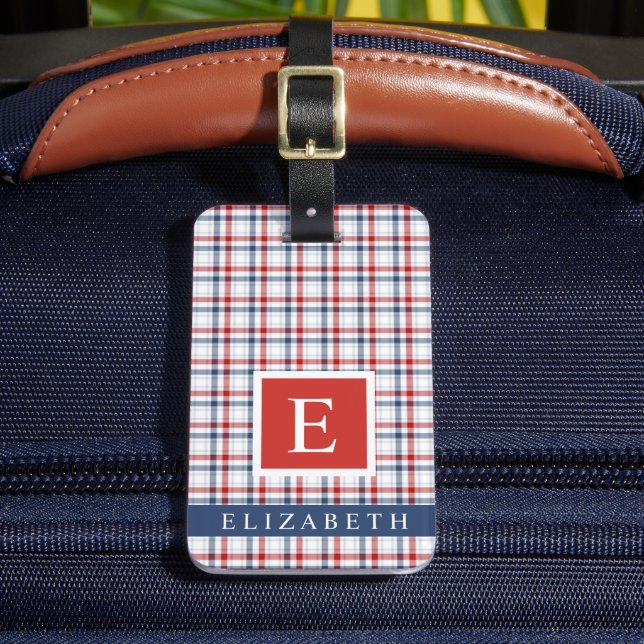 Étiquette À Bagage Motif blanc bleu À damiers rouge customisé (Insitu Rectoal 2)