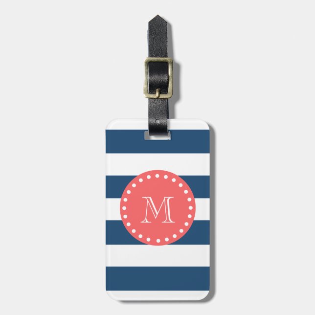 Étiquette À Bagage Motif blanc de rayures de bleu marine, monogramme (Devant Vertical)