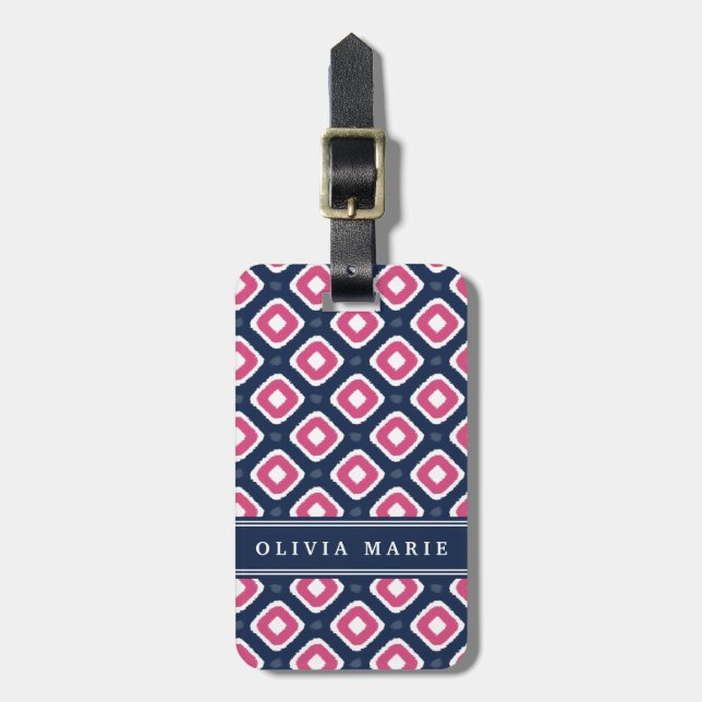 Étiquette À Bagage Motif bleu rose Ikat Mod avec nom (Devant Vertical)