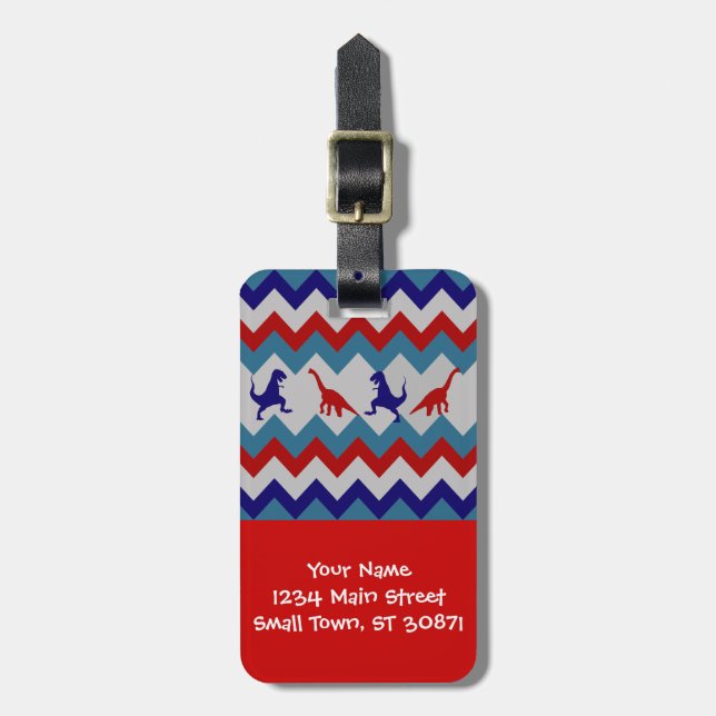 Étiquette À Bagage Motif bleu rouge de Chevron de dinosaures de (Devant Vertical)