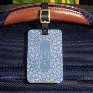 Étiquette À Bagage Motif Bohème Floral Bleu Pâle et Gris Blanc Douceu
