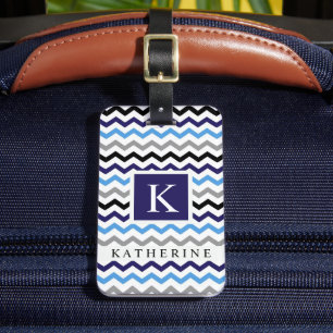 Étiquette À Bagage Motif Chevron bleu bleu noir blanc
