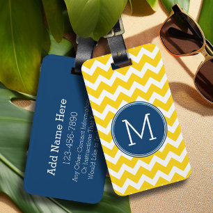 Étiquette À Bagage Motif Chevron jaune et bleu avec Monogramme