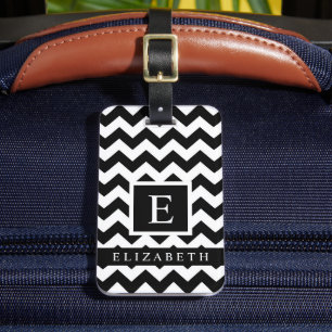 Étiquette À Bagage Motif Chevron noir et blanc personnalisable