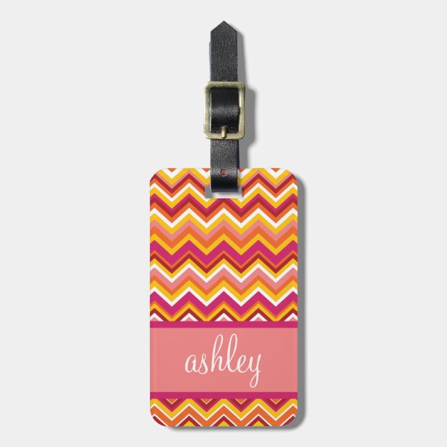 Étiquette À Bagage Motif Chevron orange et rose avec Monogramme (Devant Vertical)