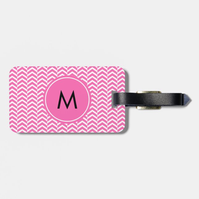 Étiquette À Bagage Motif Chevron rose chaud et blanc monogramme (Dos horizontal)