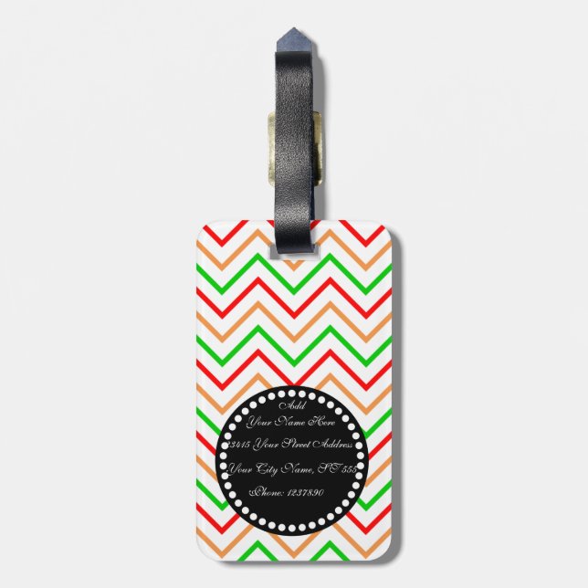 Étiquette À Bagage Motif Chevron vert rose orange avec Monogramme (Dos Vertical)