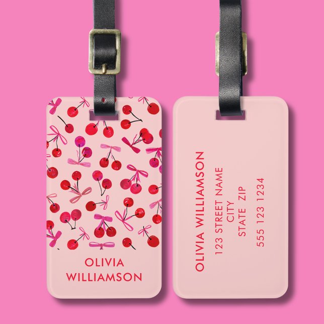 Étiquette À Bagage Motif Coquette Cerise & Nœud Rose (Cherry & pink bow  pattern coquette aesthetic personalized luggage tag)