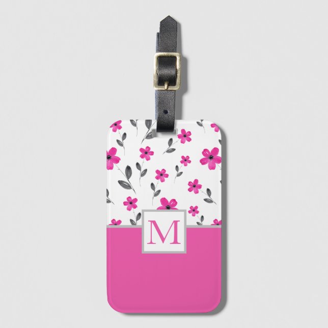 Étiquette À Bagage Motif d'aquarelle rose chaud cinq pétales (Devant Vertical)