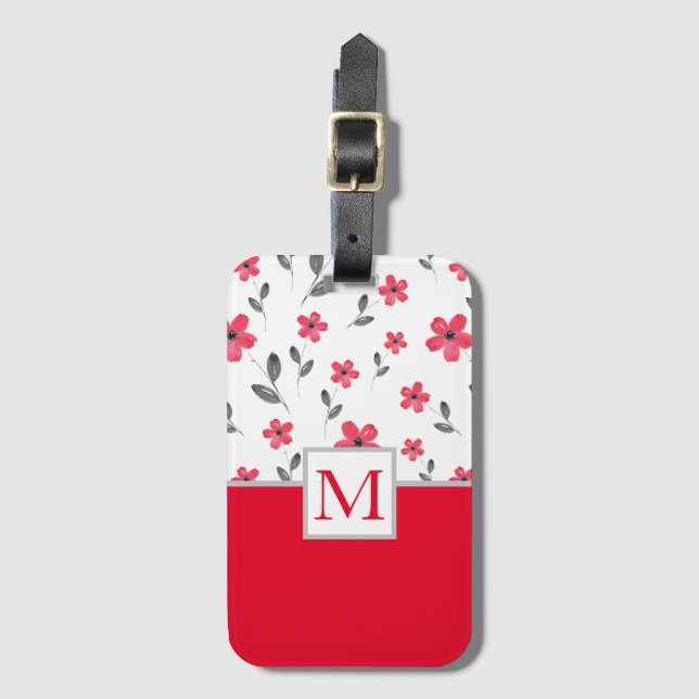 Étiquette À Bagage Motif d'aquarelle rouge à cinq pétales (Devant Vertical)