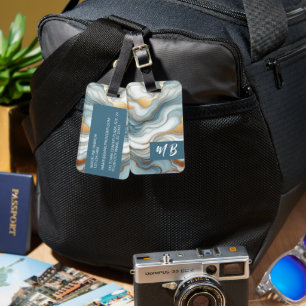 Étiquette À Bagage Motif d'art en marbre gris bleu turquoise
