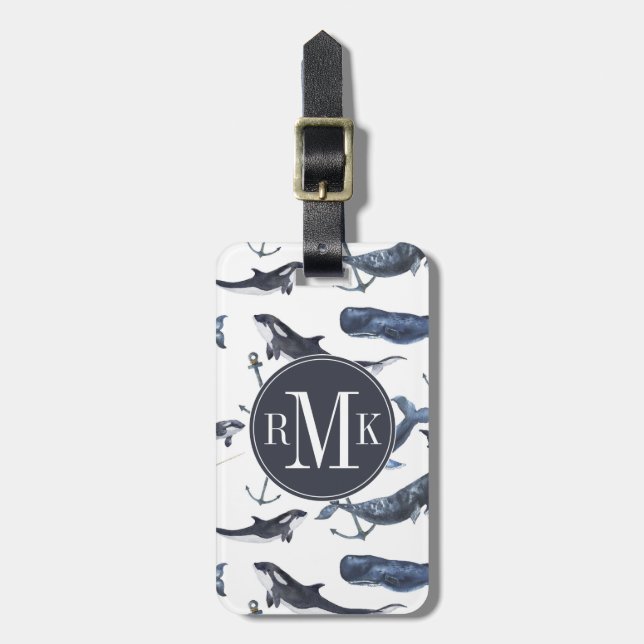Étiquette À Bagage Motif de baleine et d'Ancre d'aquarelle (Devant Vertical)