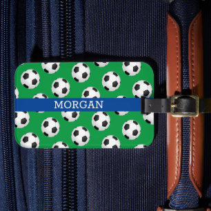 Étiquette À Bagage Motif de balle de football, Nom blanc, Bleu & Vert
