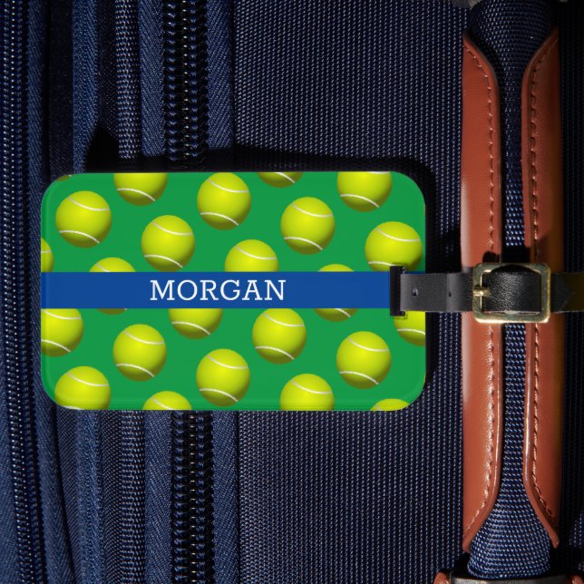 Étiquette À Bagage Motif de balle de tennis, Nom blanc, Bleu & Vert (Insitu Rectoal 4)