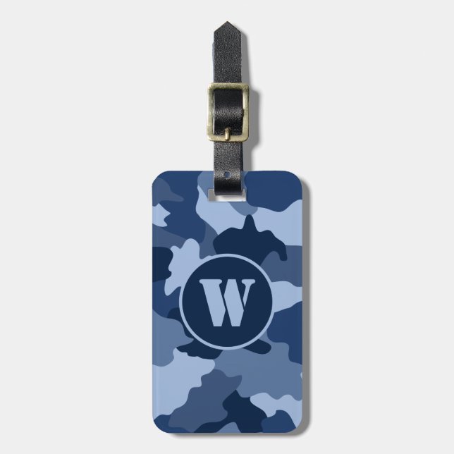 Étiquette À Bagage Motif de camouflage bleu Monogramme initial (Devant Vertical)