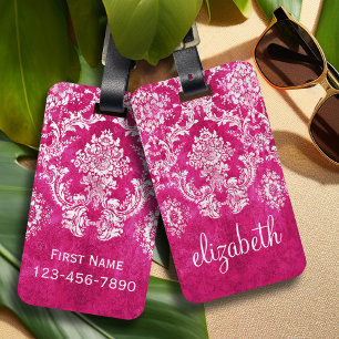 Étiquette À Bagage Motif de Damas de Grunge rose chaud Texte personna