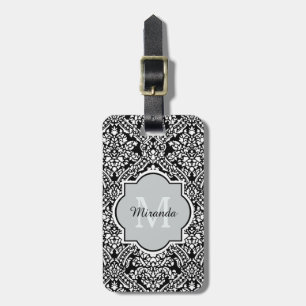 Étiquette À Bagage Motif de Damas noir et blanc Monogramme et nom