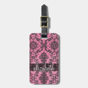 Étiquette À Bagage Motif de Damas Vintage rose et noir avec Monogramm