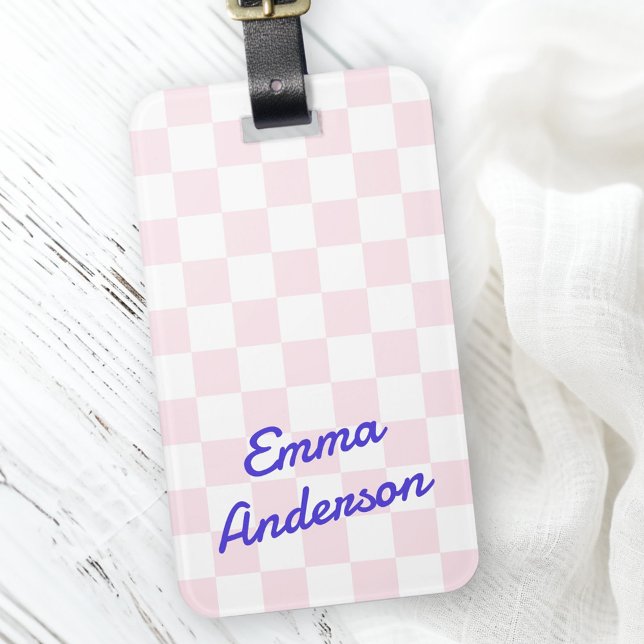 Étiquette À Bagage Motif de damier blanc rose clair (Retro name light pink white checkerboard pattern luggage tag)