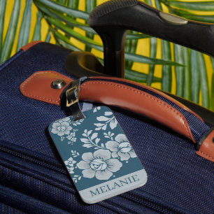 Étiquette À Bagage Motif de fleur bleue vintage élégant personnalisé
