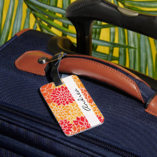 Étiquette À Bagage Motif De Fleurs, Orange Dahlia, Votre Nom