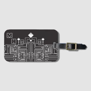 Étiquette À Bagage Motif de labyrinthe noir et blanc monogrammé