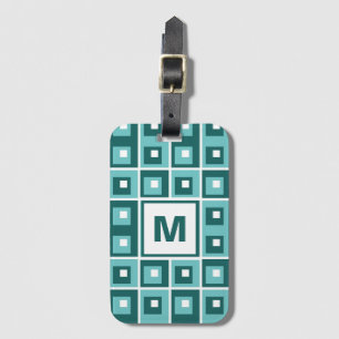 Étiquette À Bagage Motif de monogramme à carrés géométriques bleus ré