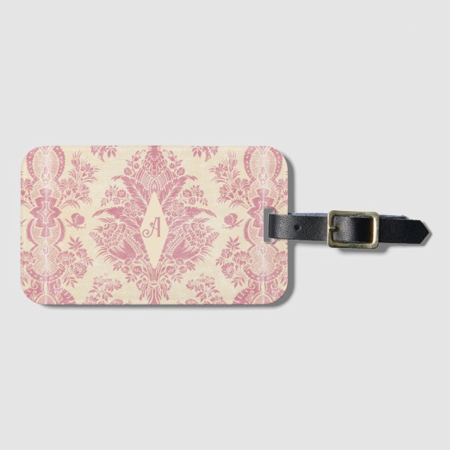 Étiquette À Bagage Motif de monogramme rose victorien Damas (Devant Horizontal)