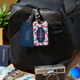 Étiquette À Bagage Motif de pavot moderne avec monogramme rose
