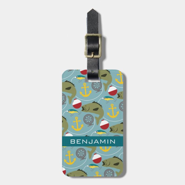 Étiquette À Bagage Motif de pêche avec nom personnalisé (Devant Vertical)
