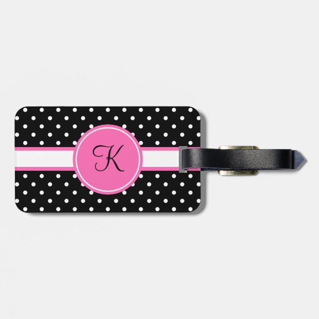 Étiquette À Bagage Motif de point de Polka blanc et noir Monogram (Dos horizontal)