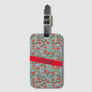 Étiquette À Bagage Motif de Poppies Rouge et Aqua Personnalisé