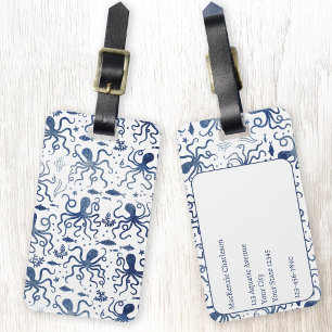 Étiquette À Bagage Motif de poulpe sous-marin à l'aquarelle bleue côt
