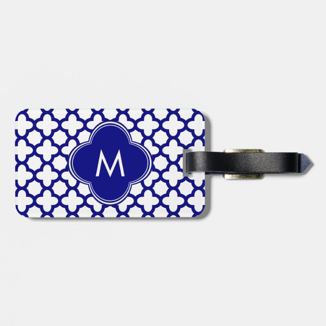 Étiquette À Bagage Motif de Quatrefoil bleu de la marine Monogram (Dos horizontal)