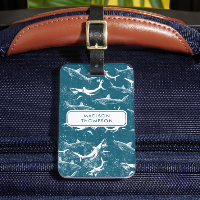 Étiquette À Bagage Motif de requins bleus détendu Nom personnalisé (Insitu Rectoal 2)