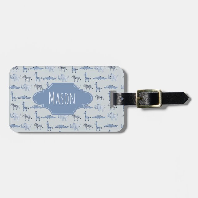 Étiquette À Bagage Motif de Safari d'aquarelle bleu pour garçons Nom  (Devant horizontal)