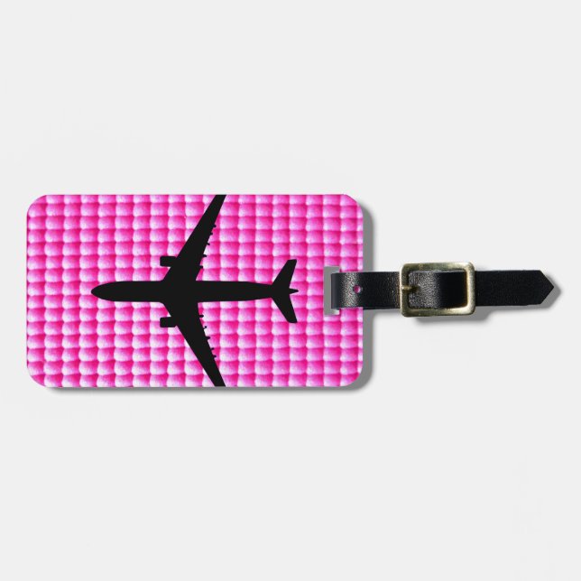 Étiquette À Bagage Motif de texture rose bubblegum avec avion (Devant horizontal)