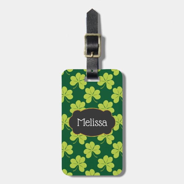 Étiquette À Bagage Motif de trèfle vert mignon avec cadre fantaisie (Devant Vertical)