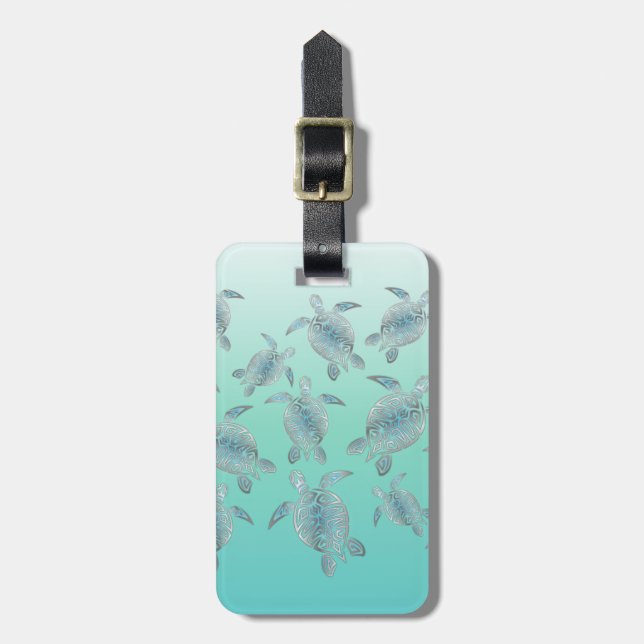 Étiquette À Bagage Motif des tortues de mer turquoise argentée (Devant Vertical)