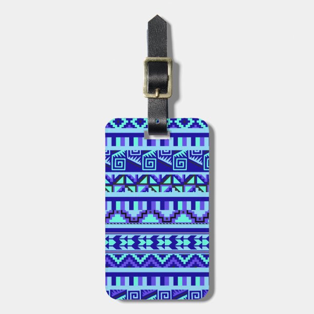 Étiquette À Bagage Motif d'impression géométrique bleu Abstrait Aztec (Devant Vertical)
