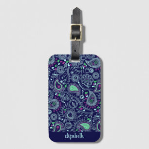 Étiquette À Bagage Motif Doodle Paisley Bleu foncé
